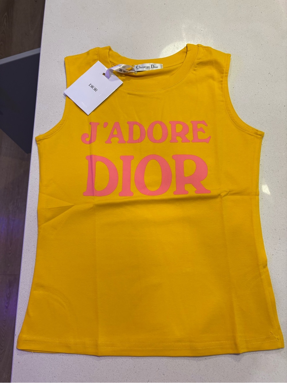 Dior Yellow Tank Top with Pink J'ADORE DIOR Logo